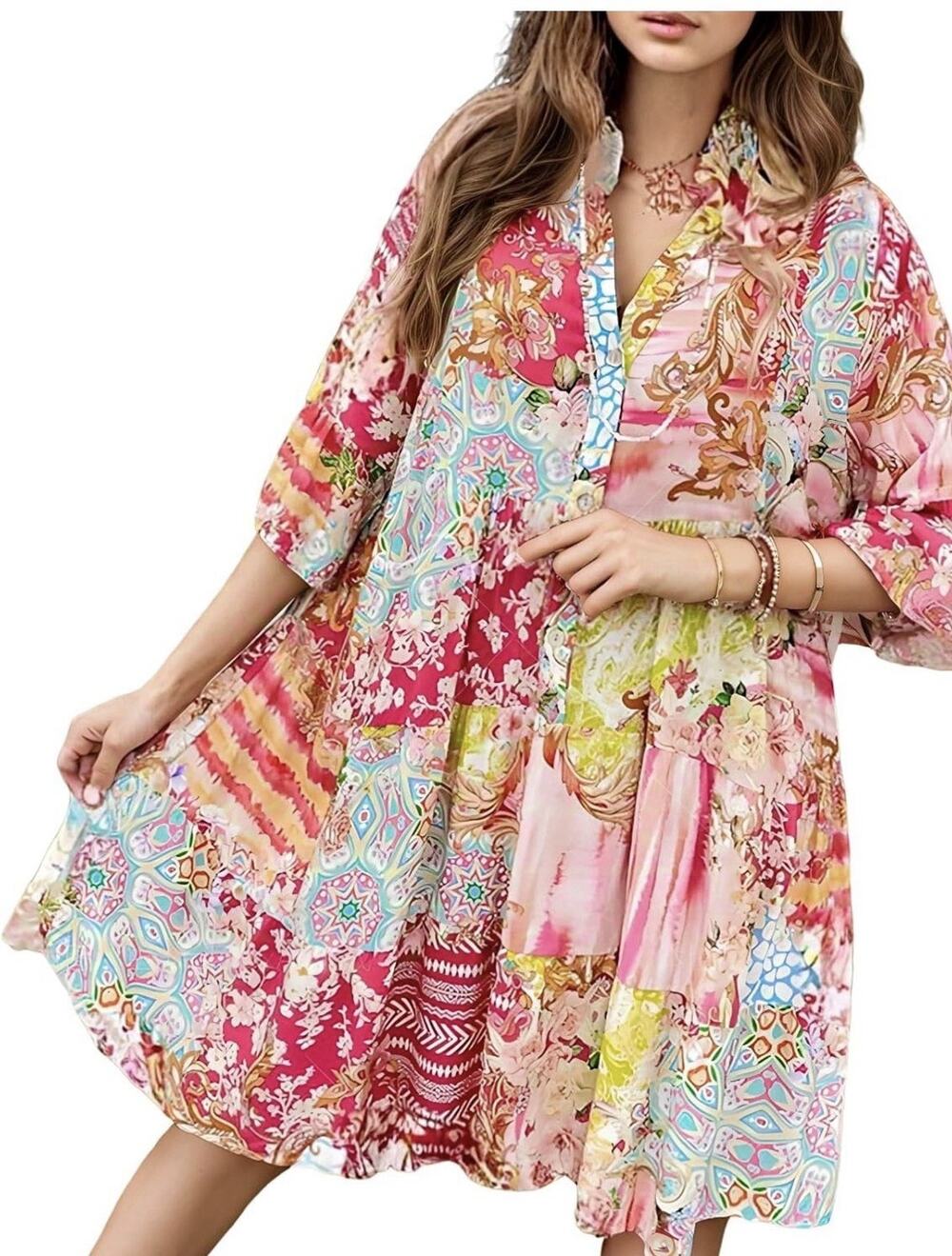 Women's Babydoll Mini Dress Boho Floral 3/4 Bell Sleeve Dress Small